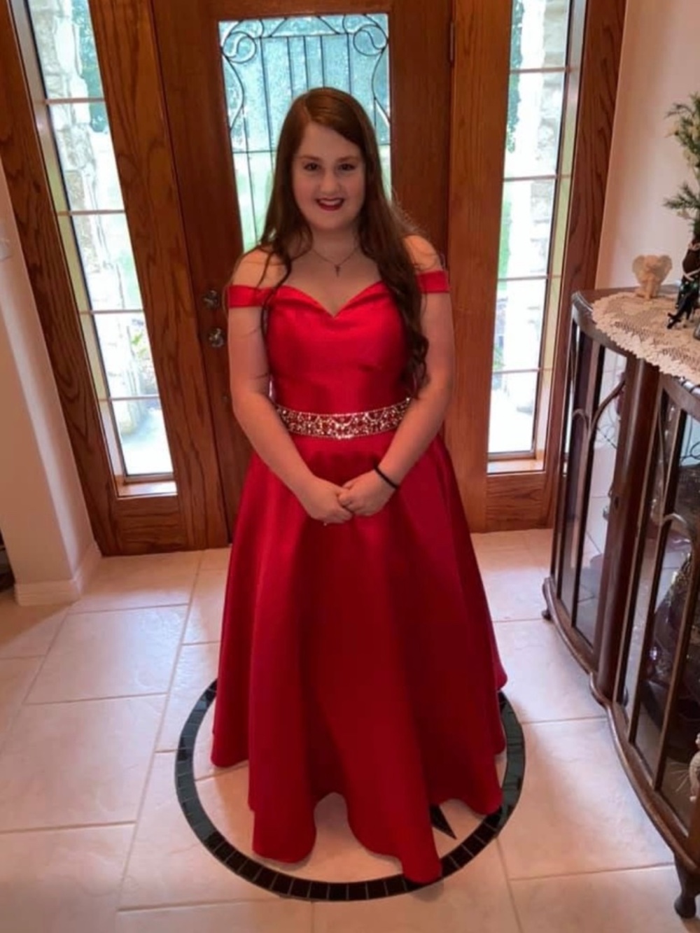 The Secret Red Satin Formal Dress Size 18 Off Shoulder Prom Gown Beaded